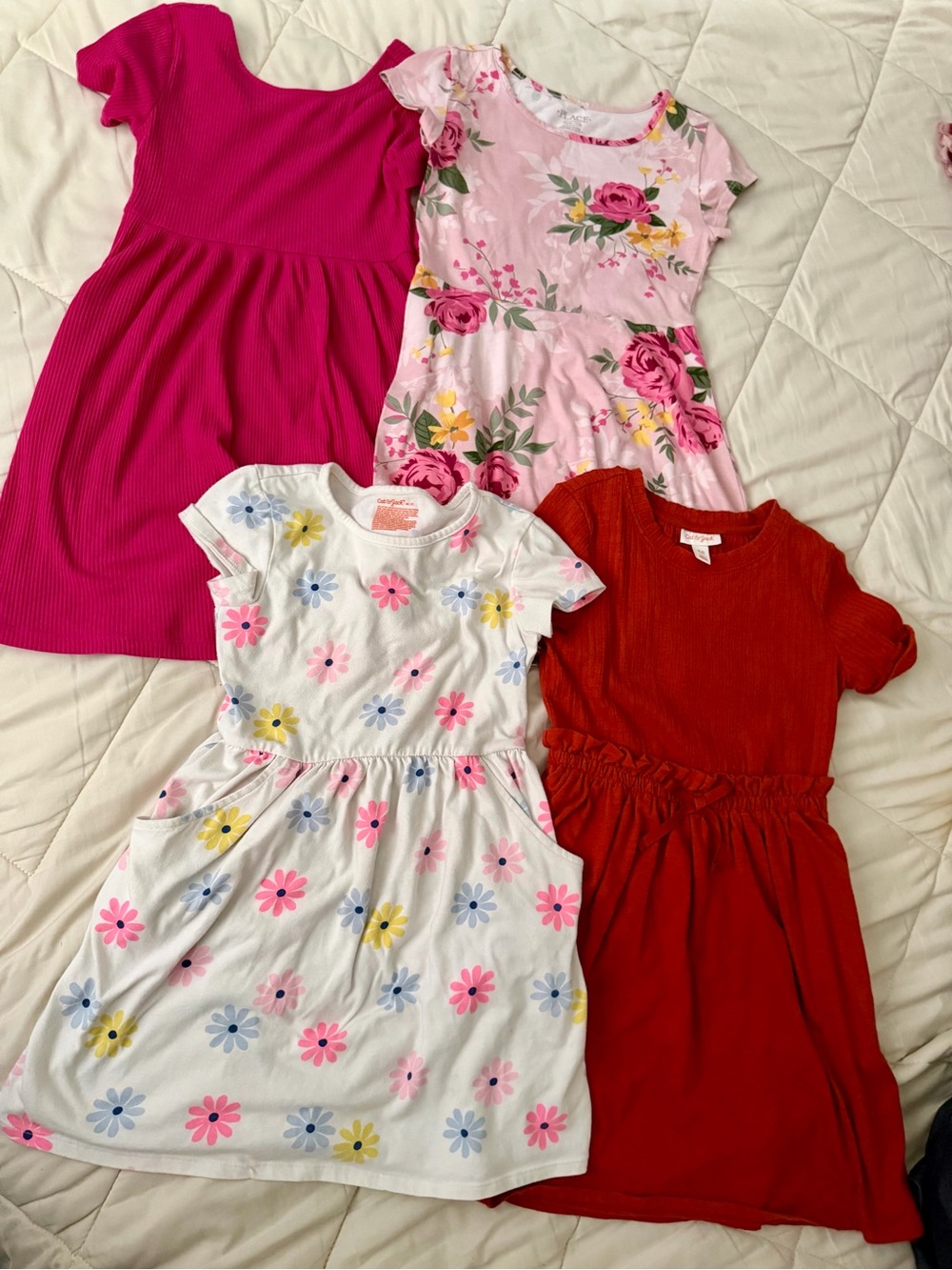 Girls' Hot Pink, Light Pink Floral, White Daisy & Burnt Orange Dress Set
